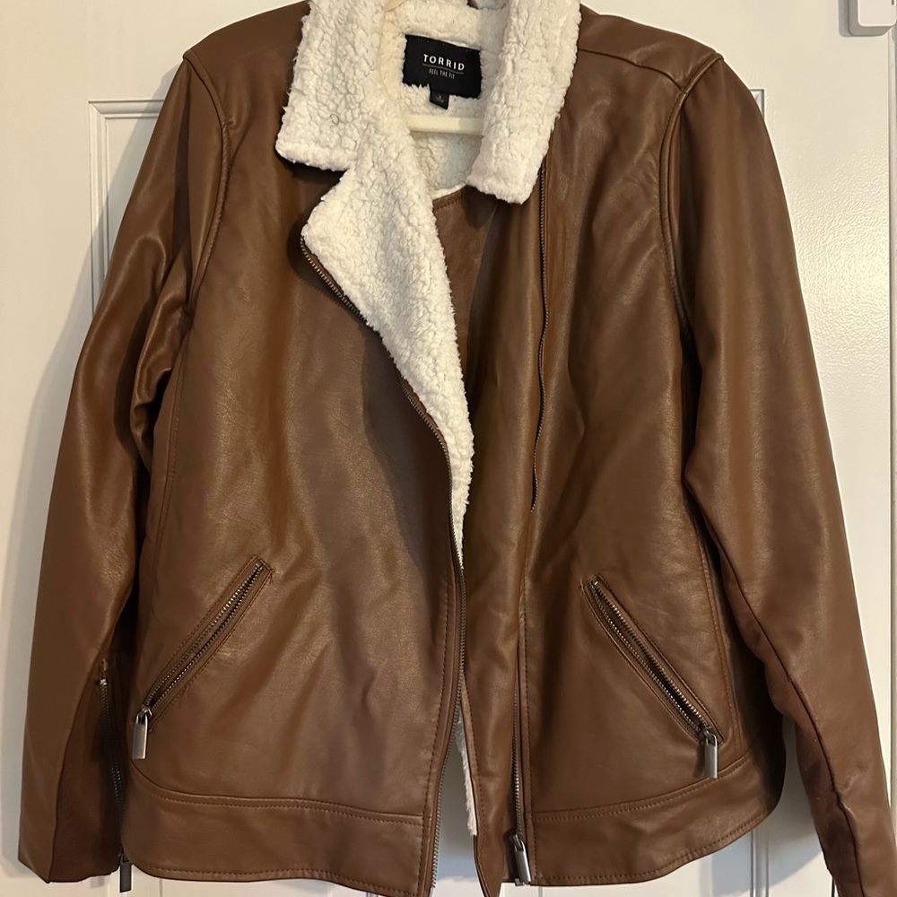 Torrid Women's Tan Faux Leather Jacket with White Sherpa Collar - Size 2
